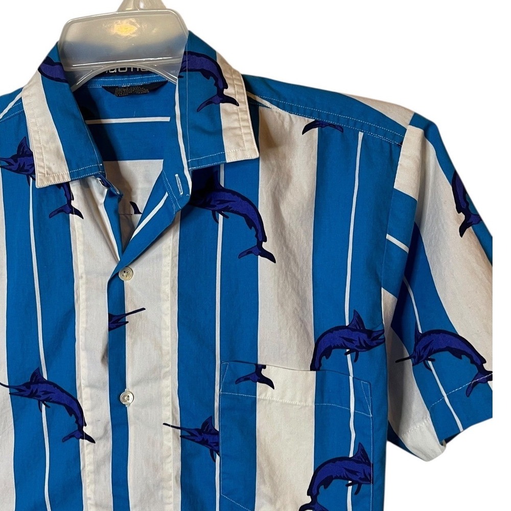 Nautica Mens Vintage Button Up Shirt Dolphin Print Blue White Stripes Sz Medium